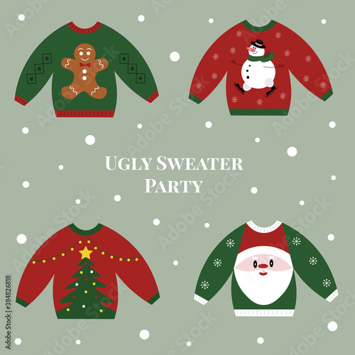 Holiday clip art of ugly sweaters for Christmas party. Christmas decorations. Vector illustration. 