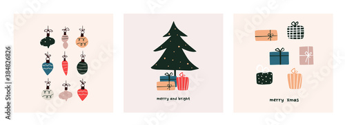 Christmas mood greeting card poster template. Welcome winter season xmas holiday invitation. Minimalist postcard christmas tree, gifts, balls. Vector illustration in hand drawn flat style