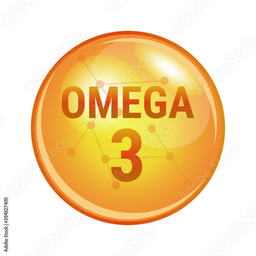 Vector illustration of omega-3 polyunsaturated fatty acid found in fish, oils, eggs, chia, and flax seeds. Vector medical icon of capsule for health. Gold shining pill isolated on a  white background.