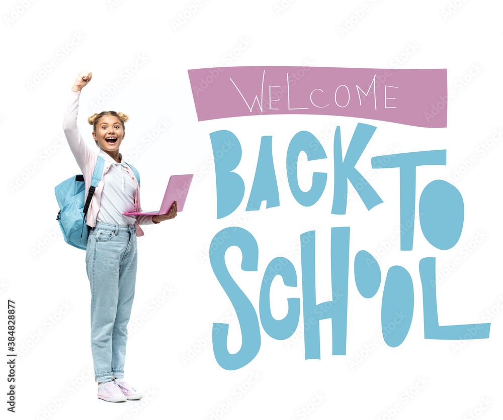 Schoolgirl with laptop and backpack showing yeah gesture near welcome back to school lettering on white Schoolgirl with laptop and backpack showing yeah gesture near welcome back to school lettering on white