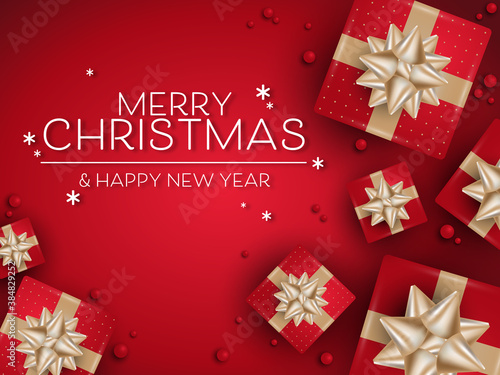 Vector Christmas holidays greeting banner of realistic red color gift boxes with gold ribbons and tiny beads on red background with Merry Christmas & Happy New Year text. For banner, flyer or template