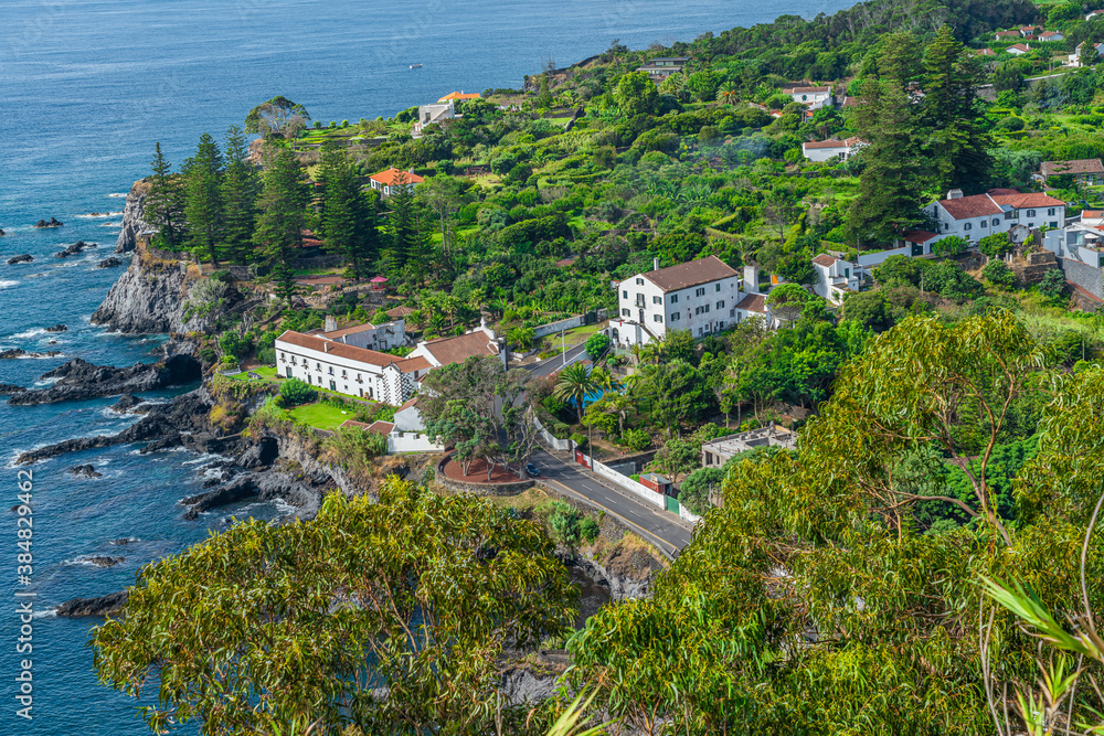 Viewpoint to Caloura bay with traditional houses, Sao Miguel Island, Azores