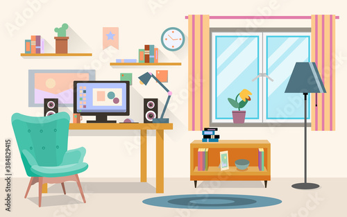 Vector flat illustration of modern office, workspace,workplace with computer in room. EPS