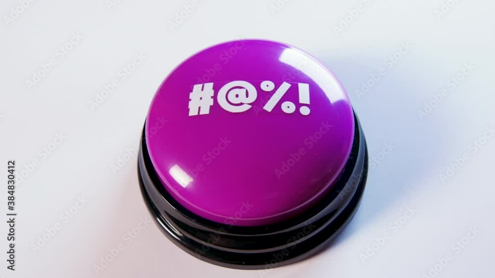 Woman pushing a button with swear words. Bad words or slang on a