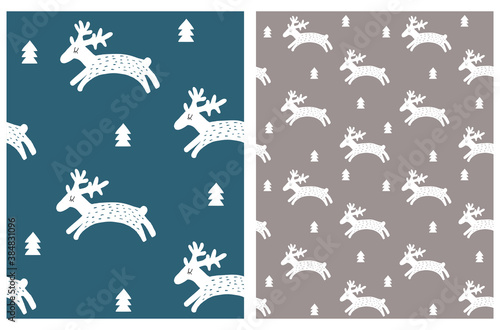 Cute Hand Drawn Reindeer Seamless Vector Patterns Set. Deer Runnig Among Trees Isolated on a Blue and Light Brown Background. Scandinavian Style Design ideal for Fabric  Wrapping Paper  Textile.