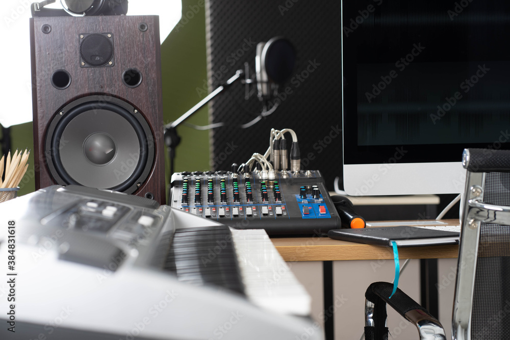 Fototapeta premium recoding studio with microphone. Performance arts concept.