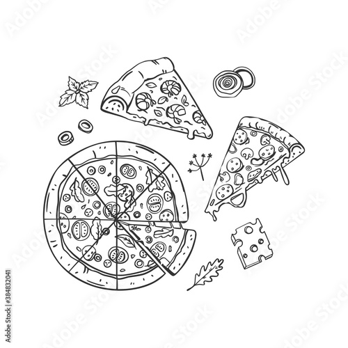 A set large round pizza, ingredients and two slices. Linear vector drawing in doodle style. Italian fast food. Isolated on white background. For printing on paper and web design