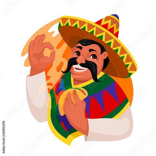 Cartoon Color Character Person Man Eating Taco Mexican Food Concept. Vector