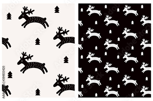 Cute Hand Drawn Reindeer Seamless Vector Patterns Set. Deer Runnig Among Trees Isolated on a Black and Light Cream Background. Scandinavian Style Design ideal for Fabric, Wrapping Paper, Textile.