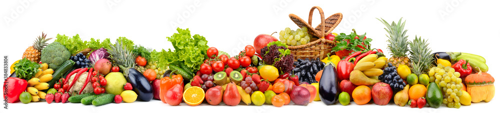 Big collection bright and fresh vegetables and fruits isolated on white