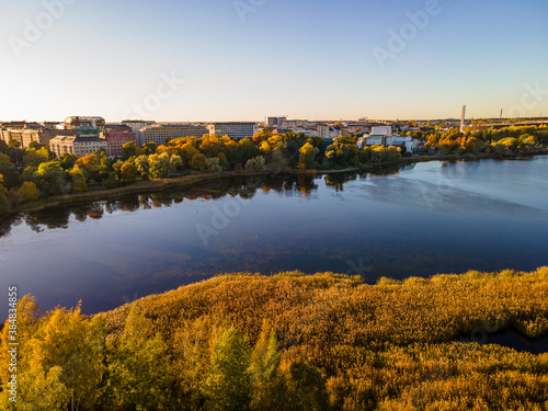 Aerial view of beautiful city Helsinki . Autumn Colorful trees and colorful buildings. Helsinki  Finland. 