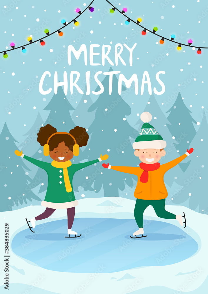 Children having fun on ice rink. Winter holiday scene with chilren in outdoor park. Christmas and Happy New Year vector illustration.