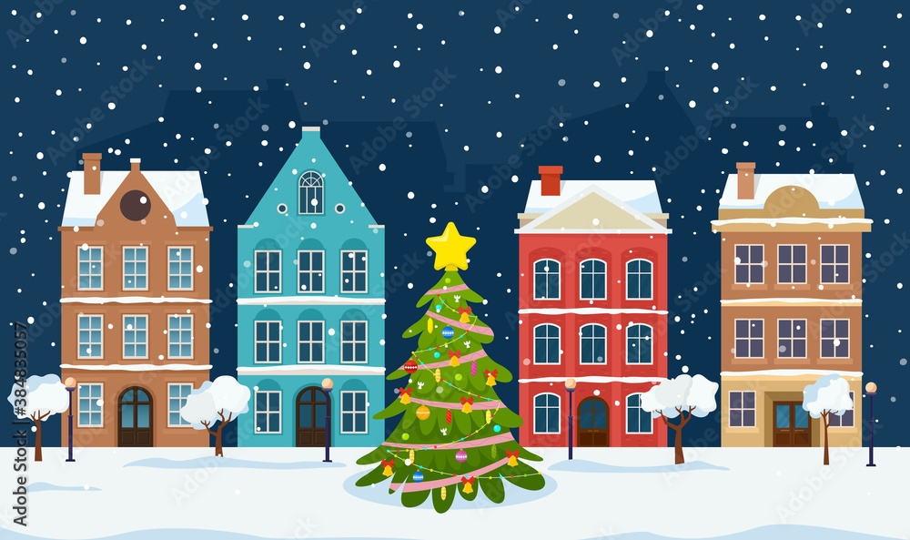Christmas landscape with night old town and christmas tree. Vector illustration for holiday Xmas and New Year.