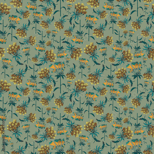 Seamless botanical green pattern with alstroemerian leaves and brown-yellow flowers