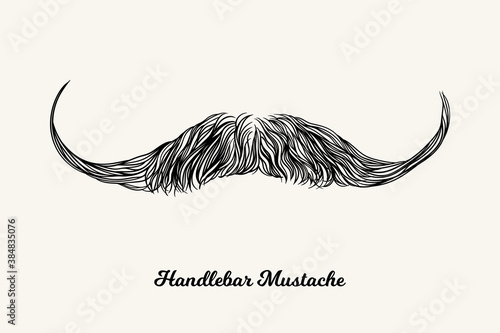 Handlebar mustache. Simple linear Illustration with fashionable men hairstyle. Contour vector background with isolated element for barber shop decor, prints, t-shirts, posters