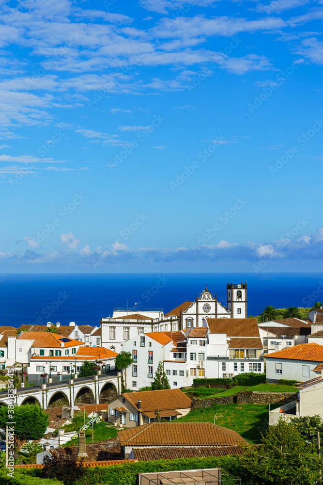 Vertical view of Nordest, Sao Miguel Island, Azores. Old stone arch bridge in Nordeste village, Sao Miguel, Azores.