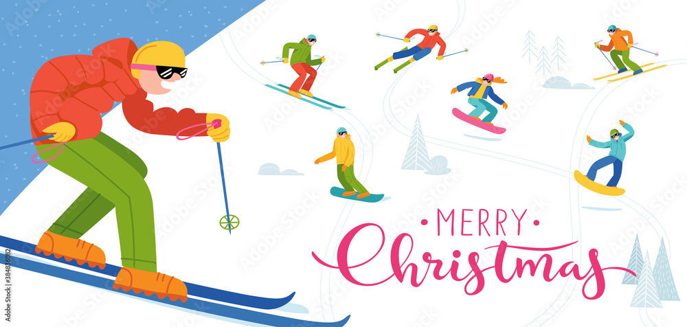 Merry Christmas banner with people doing winter sports.