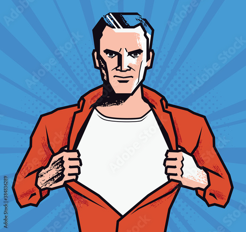 Businessman rips his shirt. Super strong man vector illustration in style comic pop art