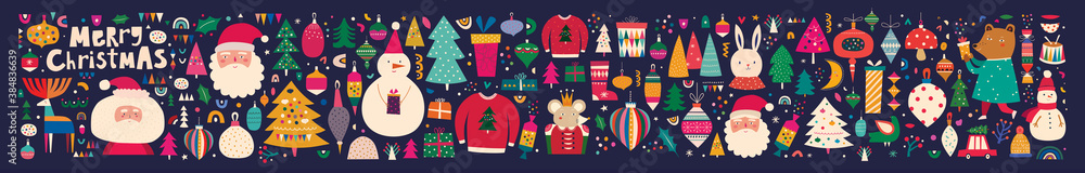 Big Christmas collection with traditional Christmas symbols and decorative elements. Christmas holiday pattern