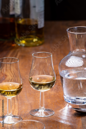 Tasting glass with strong alcoholic spirit drink whisky, cognac, armagnac or calvados