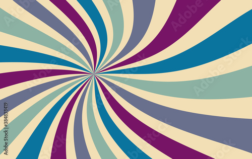 retro groovy sunburst background pattern with a vintage color palette of purple blue green and beige white in a spiral or swirled radial striped starburst design