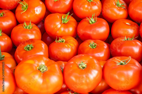Group of tomatoes in turkish market in Antalia, Turkey. Red tomatoes background