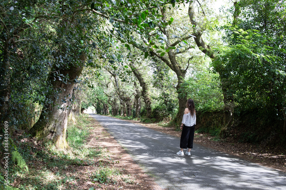 portrait of a woman walking on a lonely road among trees.
He wears a white shirt and black pants. portrait of a woman walking on a lonely road among trees.
He wears a white shirt and black pants.