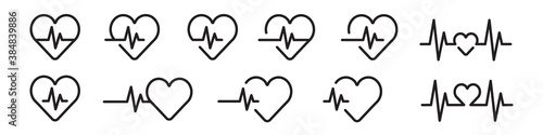 Heartbeat line icon set in black. Vector illustration