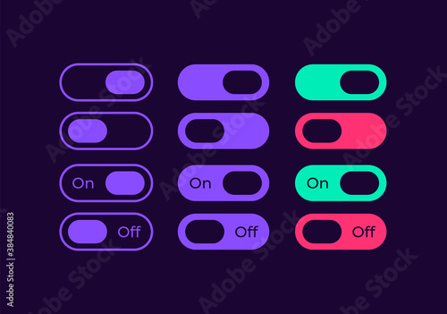 Switch sliders for media UI elements kit. Multimedia notification isolated vector icon, bar and dashboard template. Web design widget collection for mobile application with dark theme interface