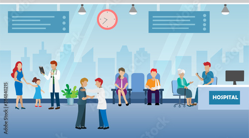 Medical and healthcare service for all age concept. Group of Doctor team diagnosis and take care of patients, man, woman, kid and elderly people in hospital. Vector.