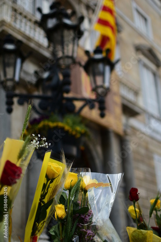 Detalles de rosas durante el Día de Sant Jordi en Barcelona en el Palau de la Generalitat de Catalunya.