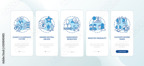 Gender diversity implementation tips onboarding mobile app page screen with concepts. Corporate culture walkthrough 5 steps graphic instructions. UI vector template with RGB color illustrations