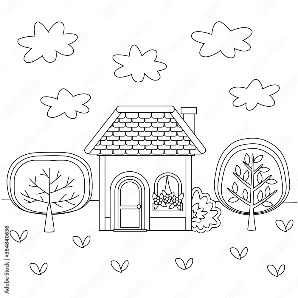 Cute kids coloring book with a house and trees. Black outline of a ...