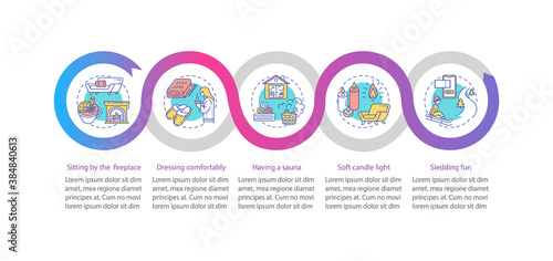 Hyggelig style vector infographic template. Fireplace, sauna, candlelight presentation design elements. Data visualization with 5 steps. Process timeline chart. Workflow layout with linear icons