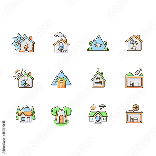 Shelters types RGB color icons set. Building. Safety and retreat place. Transitional shelter. Supportive housing. Violence victims. Protection from local environment. Isolated vector illustrations