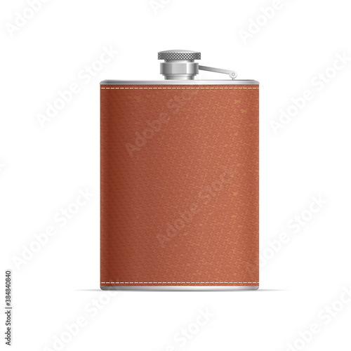 Realistic Detailed 3d Metal Hip Flask Wrapped in Leather. Vector