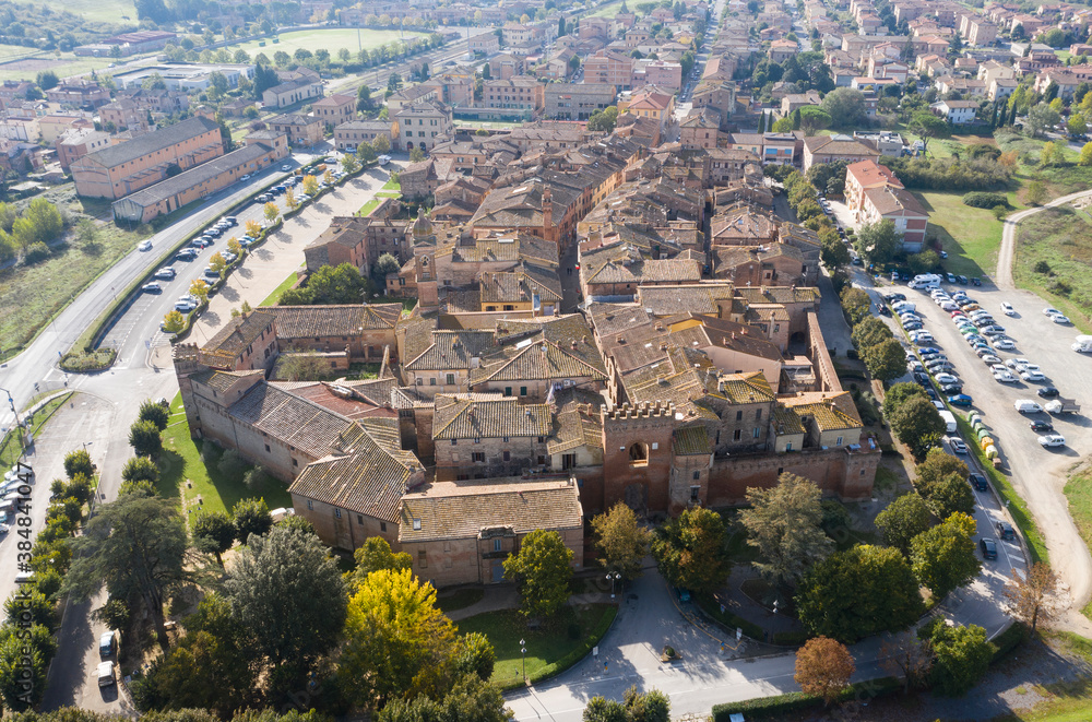 aerial front view of the medieval town of buonconvento siena italy