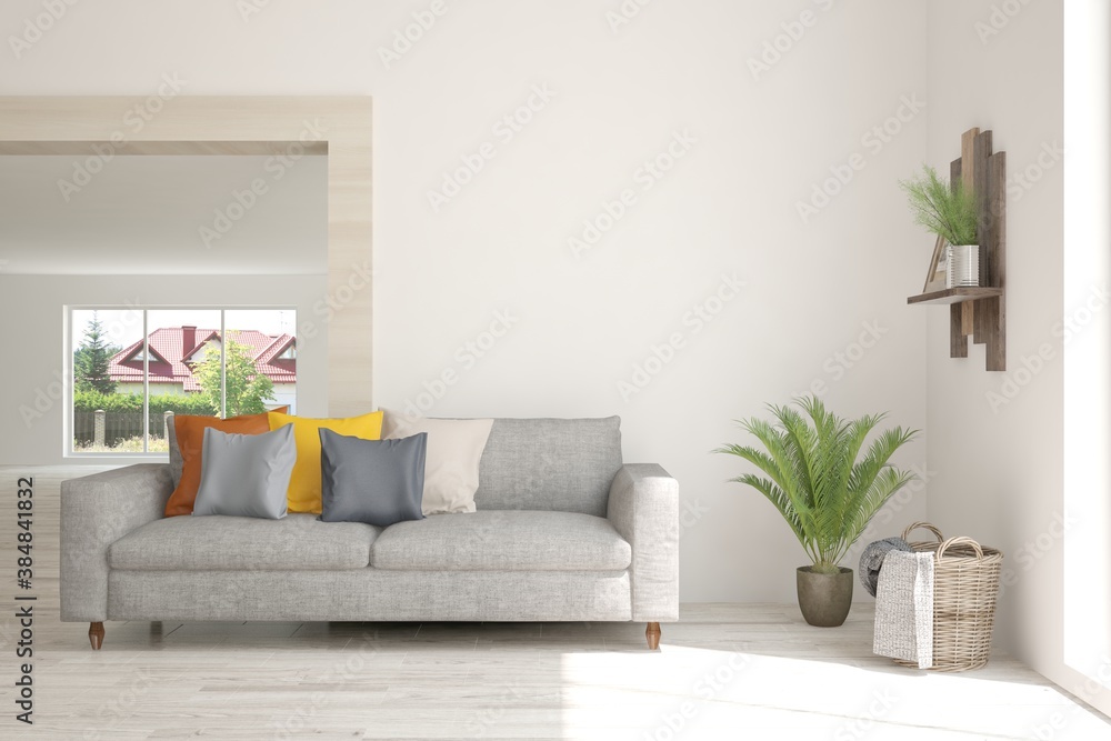 Fototapeta premium White living room with sofa. Scandinavian interior design. 3D illustration