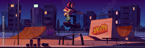 Skate park with boy riding on skateboard at night. Vector cartoon cityscape with ramps, graffiti on walls and teenager jump on track. Playground for extreme sport activity lit by street lamp