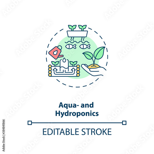 Aqua and hydroponics concept icon. Raising aquatic animals. Cultivating plants in water. Urban farming idea thin line illustration. Vector isolated outline RGB color drawing. Editable stroke