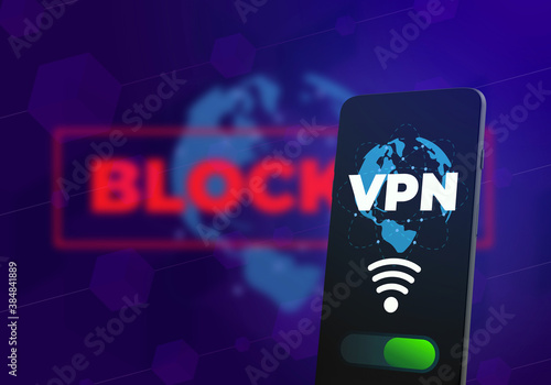 VPN Virtual Private Network for Cyber Security and Privacy. Protect data with encryption and surf anonymously. Smartphone with VPN app and blocked text. Ideal for tech-related designs presentations