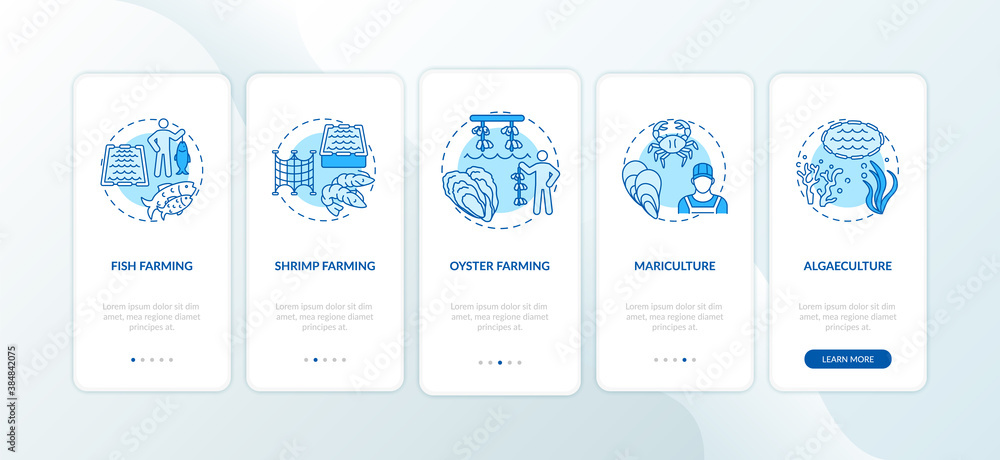Aquaculture onboarding mobile app page screen with concepts. Fish farming. Food production walkthrough 5 steps graphic instructions. UI vector template with RGB color illustrations