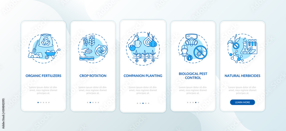 Organic farming principles onboarding mobile app page screen with concepts. Companion planting walkthrough 5 steps graphic instructions. UI vector template with RGB color illustrations