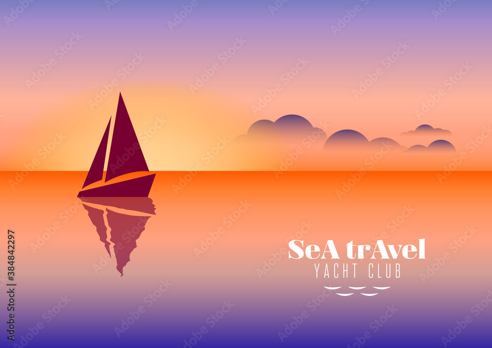 Horizontal image with evening seascape, sailing boat, clouds and sunset. 