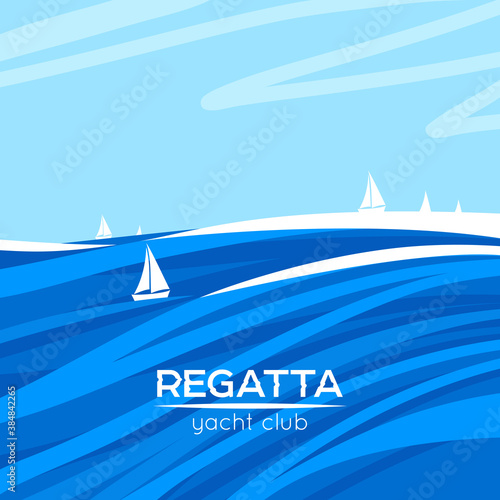 Square seascape template with drawing graphic elements and place for text. Vector illustration.