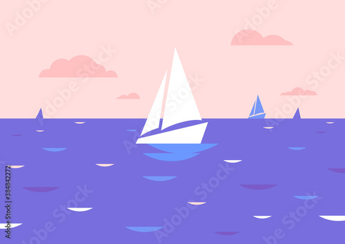 Horizontal image with seascape  sailing boats and evening clouds. Vector illustration.