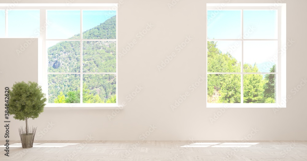 Stylish empty room in white color with summer landscape in window. Scandinavian interior design. 3D illustration Stylish empty room in white color with summer landscape in window. Scandinavian interior design. 3D illustration