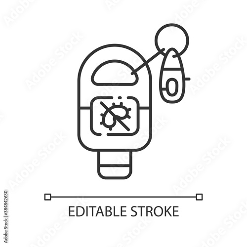 Keyring sanitizer linear icon. Keychain holder for tube with liquid soap. Virus precaution. Thin line customizable illustration. Contour symbol. Vector isolated outline drawing. Editable stroke