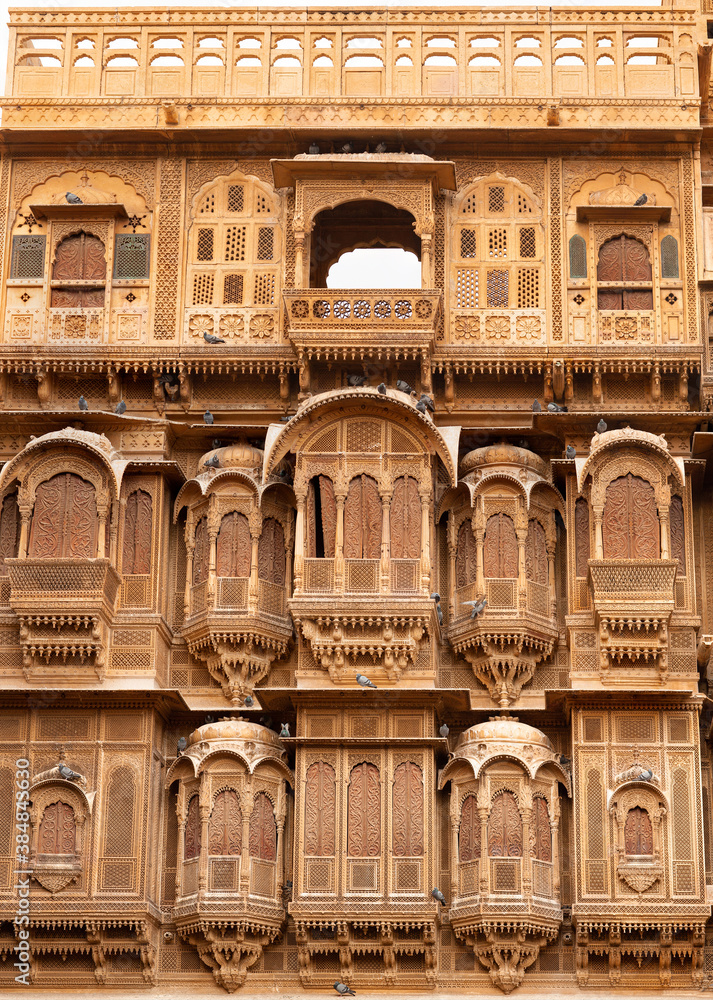 Exterior of Patwon Ki Haveli in Jaisalmer, Rajasthan state of India. A haveli is a traditional townhouse or mansion in the Indian subcontinent.