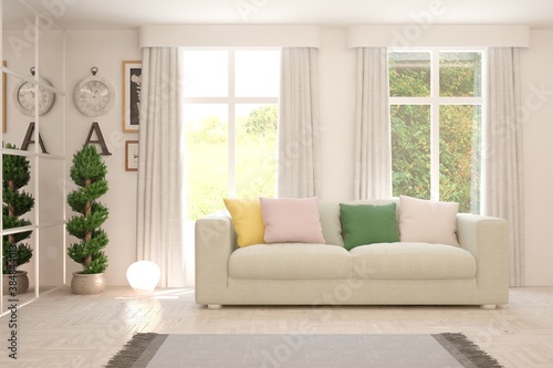 White living room with sofa and summer landscape in window. Scandinavian interior design. 3D illustration